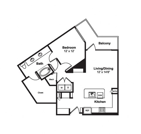 Floor plan for 1 bed, 1 bath, 901 sqft